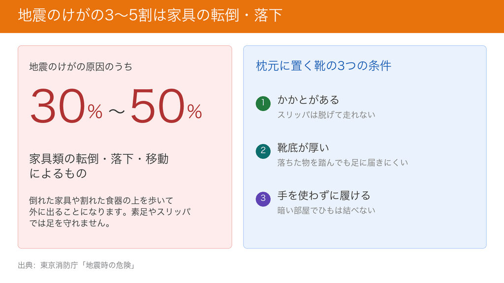 地震のけがの原因の30〜50％は家具類の転倒・落下・移動。枕元に置く靴の3条件はかかとがある・靴底が厚い・手を使わずに履ける
