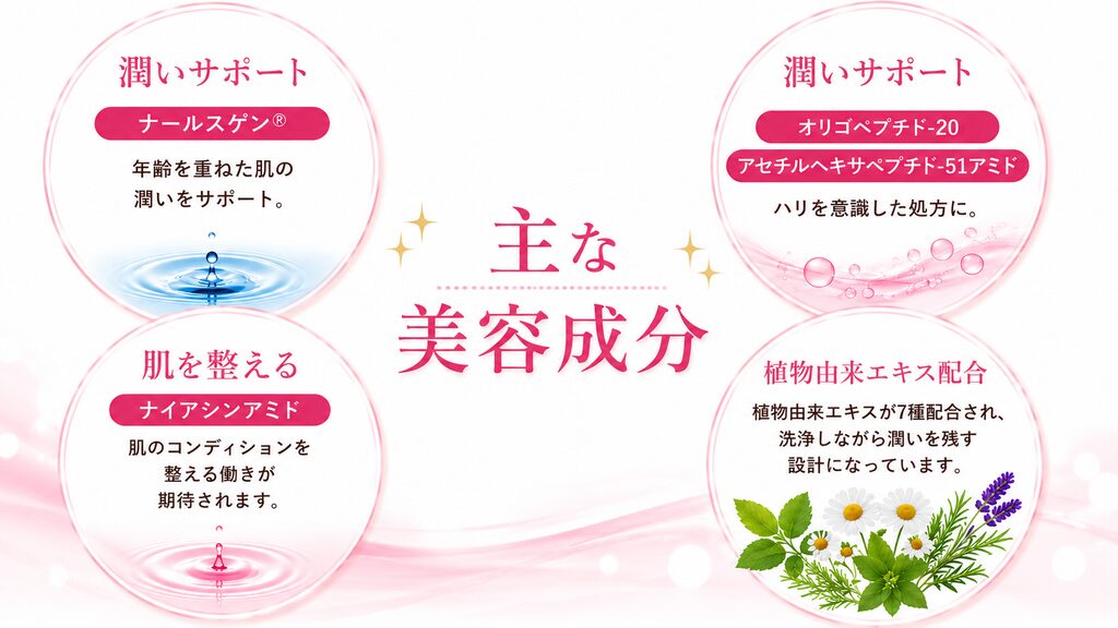 Wウォッシュホワイトの主な美容成分。ナールスゲン、オリゴペプチド-20、アセチルヘキサペプチド-51アミド、ナイアシンアミド、7種の植物由来エキス