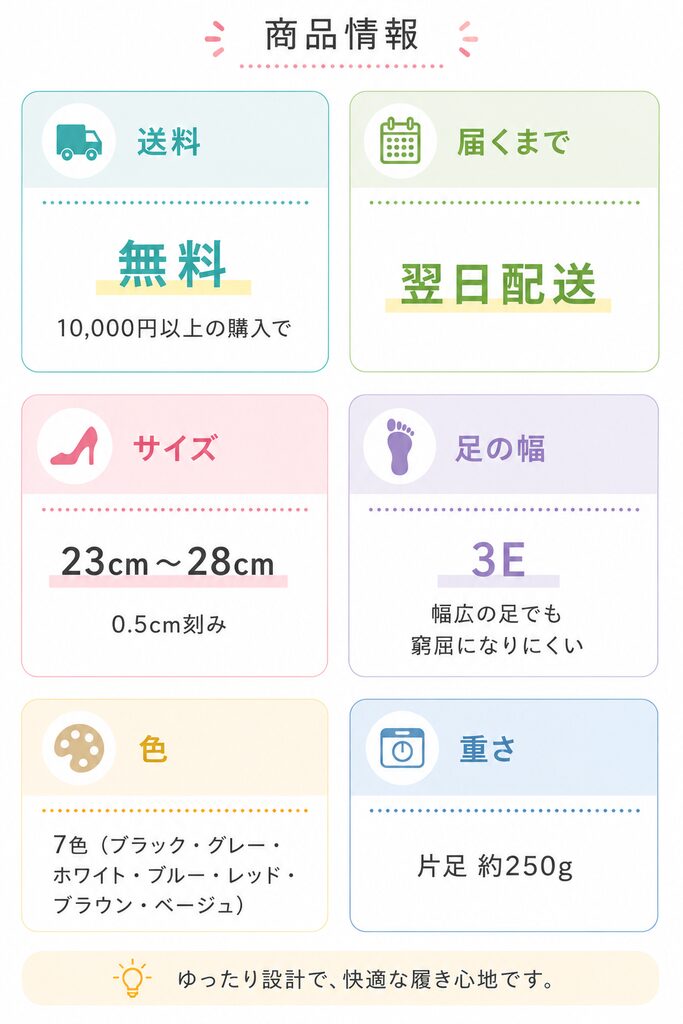 LAQUNの商品情報。送料無料(10,000円以上の購入で)、翌日配送、サイズ23cm〜28cm(0.5cm刻み)、足の幅3E、全7色、重さ片足約250g
